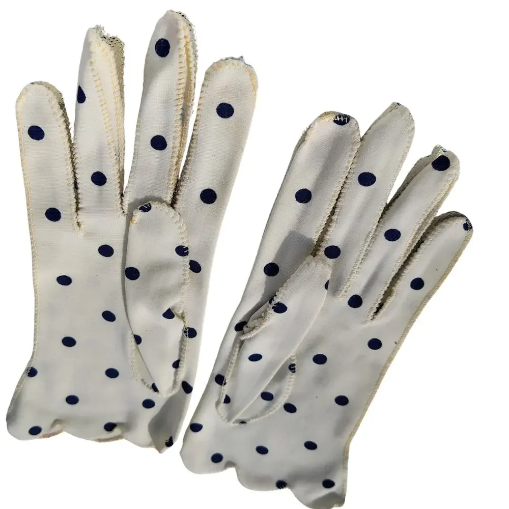 1950s Polka Dot Pin-Up Girl Era Wrist-length White Navy Blue Gloves Size M